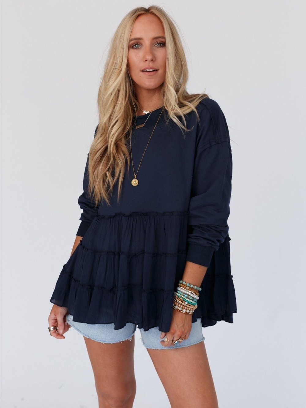 Three Bird Nest Madeira Navy Tiered Babydoll Top